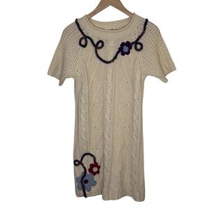 Cable Knit Cream Sweater Dress Floral Appliques Wool Blend Whimsical Size Small